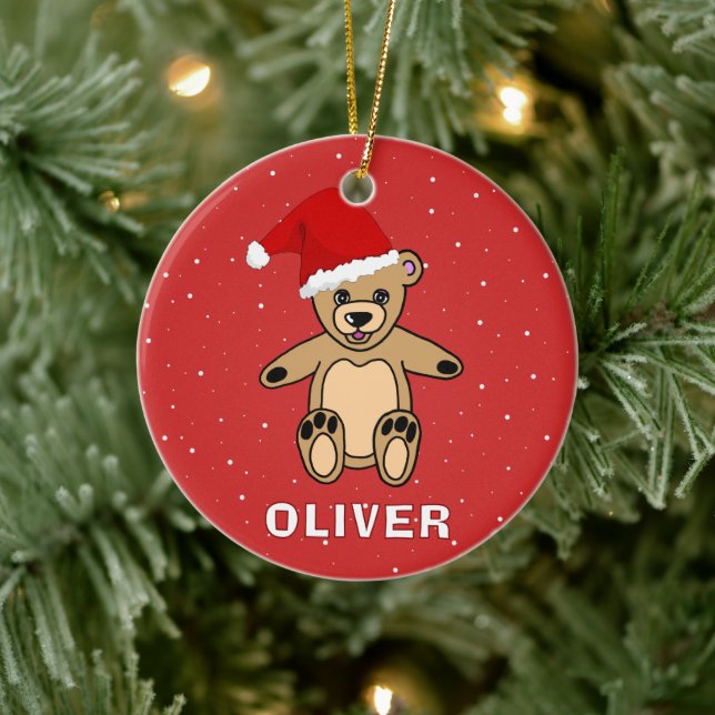 Cute Teddy Bear with Santa Hat Name Ceramic Ornament (Tree)