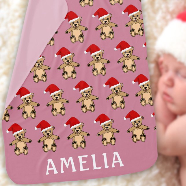 Cute Teddy Bear with Santa Hat Pink Christmas Baby Blanket (Creator Uploaded)
