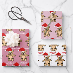 Cute Teddy Bear with Santa Hat Pink Christmas Kids Wrapping Paper Sheets