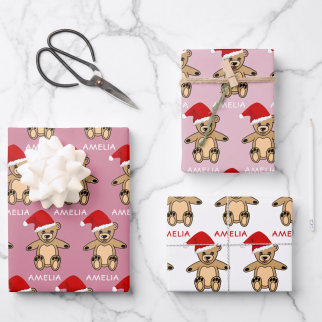 Cute Teddy Bear with Santa Hat Pink Christmas Kids Wrapping Paper Sheets (Front)