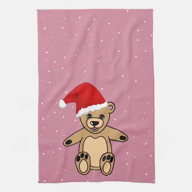 Cute Teddy Bear with Santa Hat Pink Christmas Kitchen Towel (Vertical)