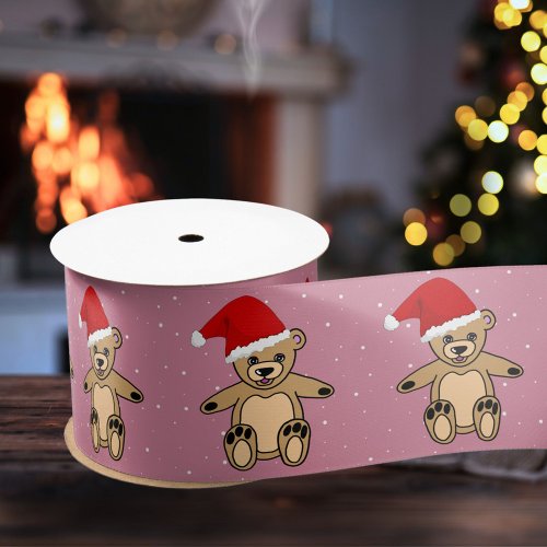 Cute Teddy Bear with Santa Hat Pink Christmas Satin Ribbon