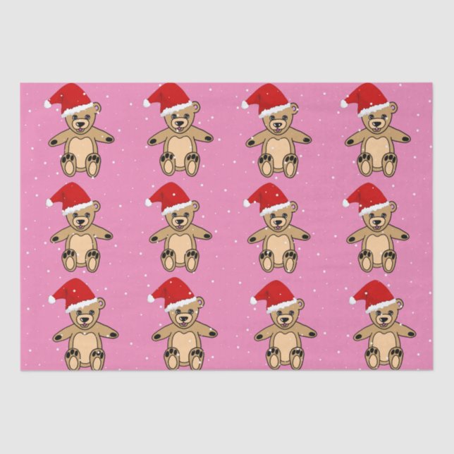 Cute Teddy Bear with Santa Hat Pink Christmas Tissue Paper (Front)