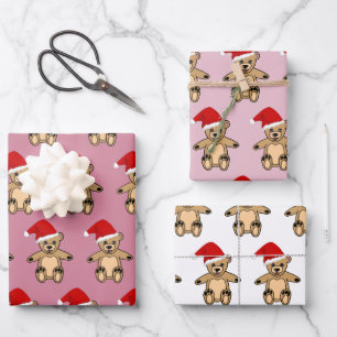 Cute Teddy Bear with Santa Hat Pink Christmas Wrapping Paper Sheets