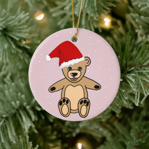 Cute Teddy Bear with Santa Hat Pink Kids Ceramic Ornament