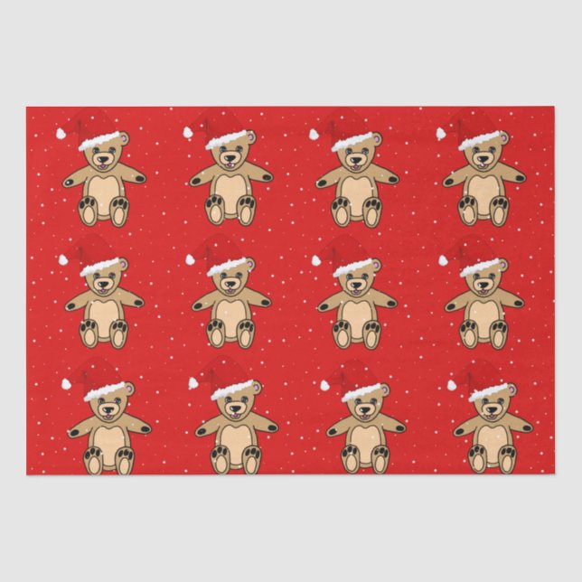 Cute Teddy Bear with Santa Hat Red Christmas Tissue Paper (Front)