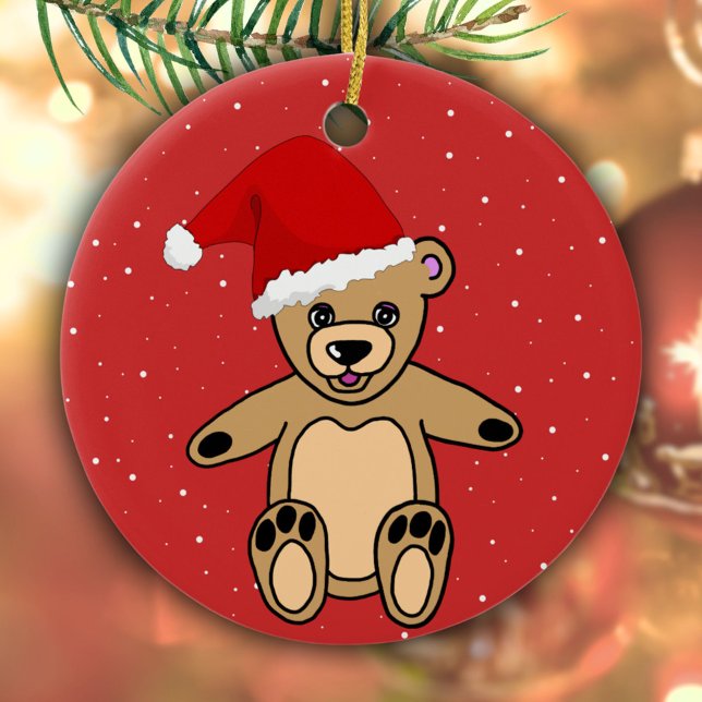 Cute Teddy Bear with Santa Hat Red Kids Ceramic Ornament (Creator Uploaded)