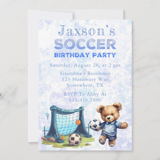Cute Teddy Bear with Soccer Birthday Party  Invitation (Front)