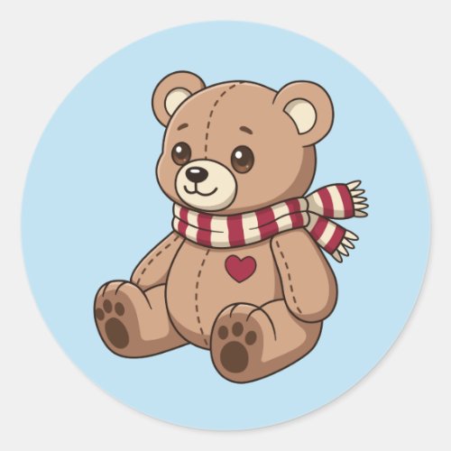 Cute Teddy Bear with Striped Scarf Blue Classic Round Sticker