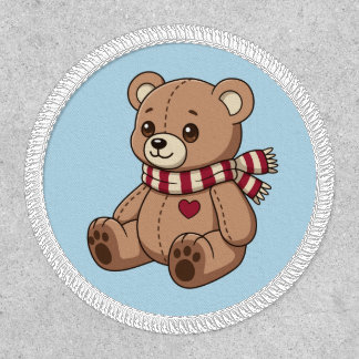 Cute Teddy Bear with Striped Scarf Blue Patch