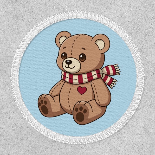 Cute Teddy Bear with Striped Scarf Blue Patch (Front)