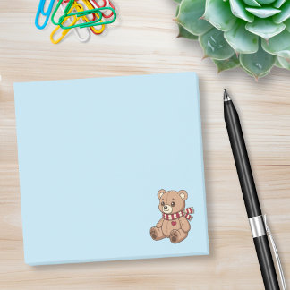 Cute Teddy Bear with Striped Scarf Blue Post-it Notes