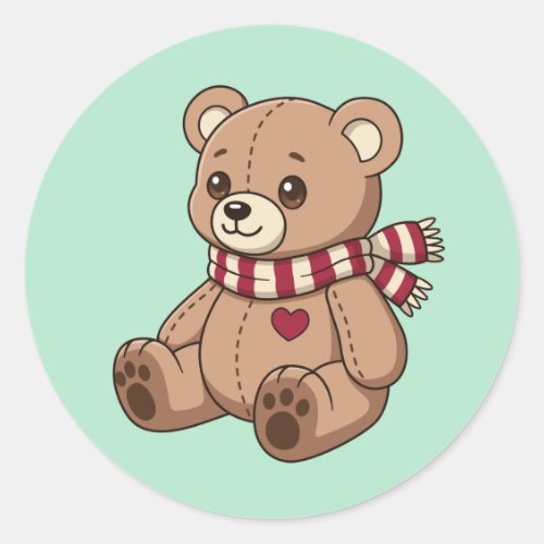Cute Teddy Bear with Striped Scarf Green Classic Round Sticker
