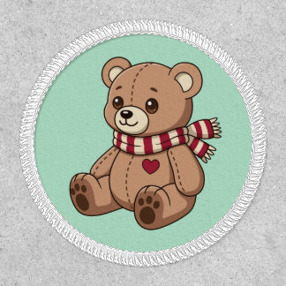 Cute Teddy Bear with Striped Scarf Green Patch