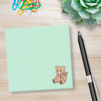 Cute Teddy Bear with Striped Scarf Green Post-it Notes