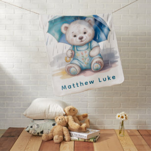 Cute Teddy Bear With Umbrella Boy Baby Shower Gift Blanket