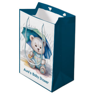 Cute Teddy Bear With Umbrella Boy Baby Shower Medium Gift Bag