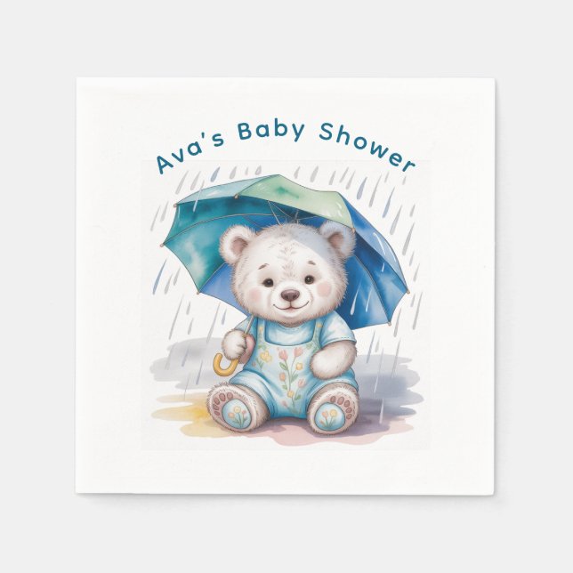 Cute Teddy Bear With Umbrella Boy Baby Shower Napkins (Front)