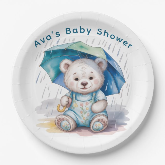Cute Teddy Bear With Umbrella Boy Baby Shower Paper Plates (Front)