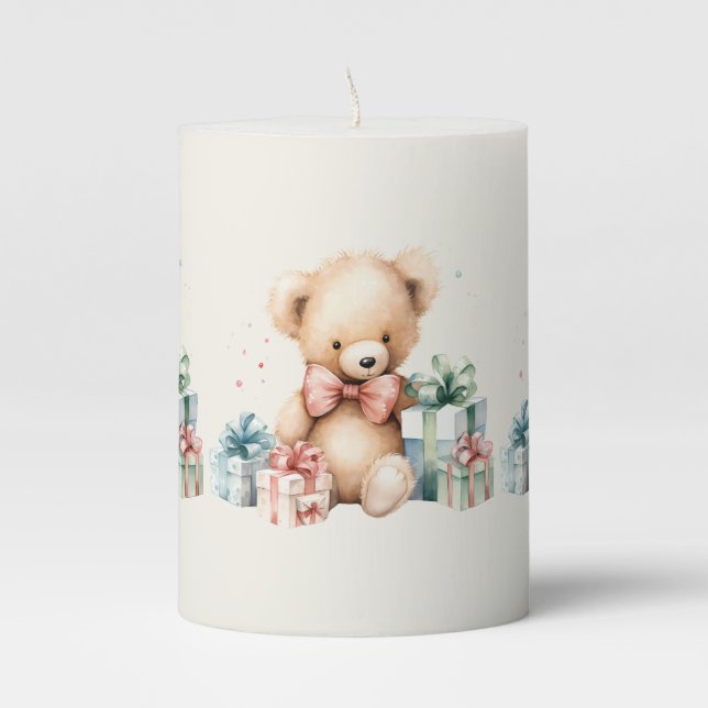 Cute Teddy Bear with Wrapped Presents Pillar Candle (Front)