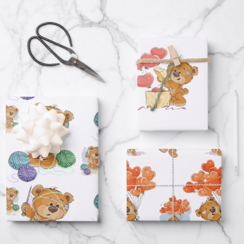 Cute teddy bear Wrapping Paper Flat Sheet Set of 3
