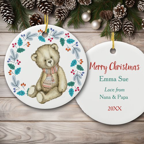 Cute Teddy Bear Wreath Christmas Ceramic Ornament