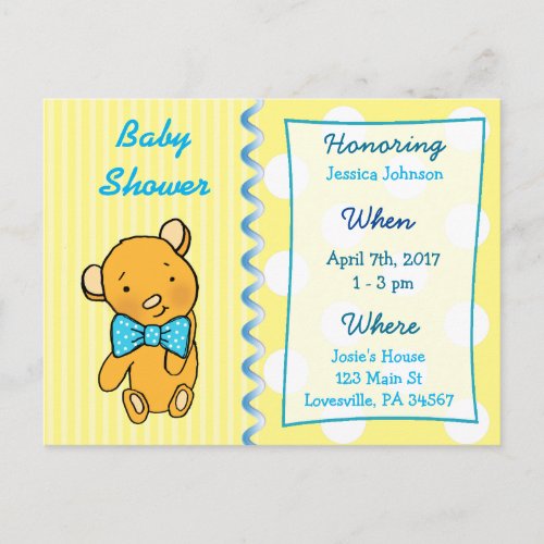 Cute Teddy Bear Yellow Baby Shower Invitation