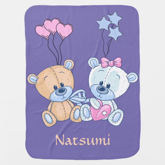 Cute Teddy Bears and Balloons Illustration Baby Blanket (Front)