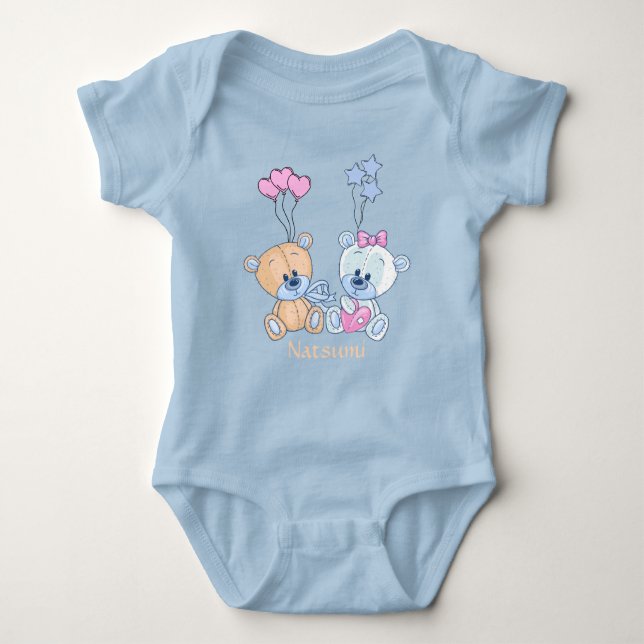 Cute Teddy Bears and Balloons Illustration Baby Bodysuit (Front)