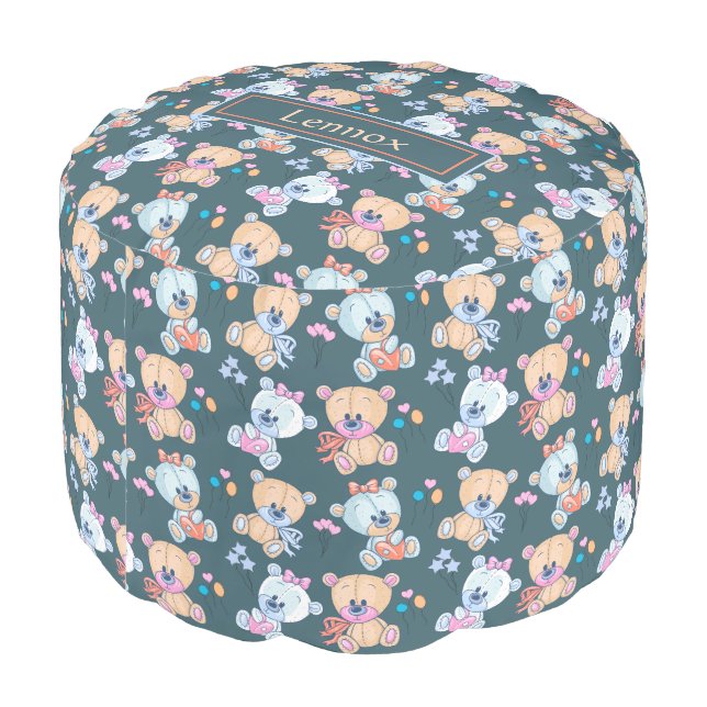 Cute Teddy Bears and Balloons Illustration Pouf (Angled Back)