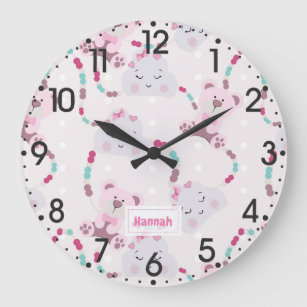 Cute Teddy Bears and Clouds Baby Girl Pattern Large Clock