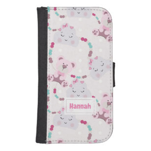 Cute Teddy Bears and Clouds Baby Girl Pattern Galaxy S4 Wallet Case