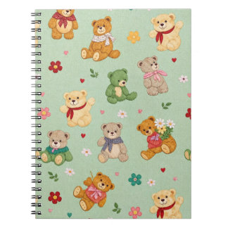 Cute Teddy Bears and Flowers on Mint Green Pattern Notebook
