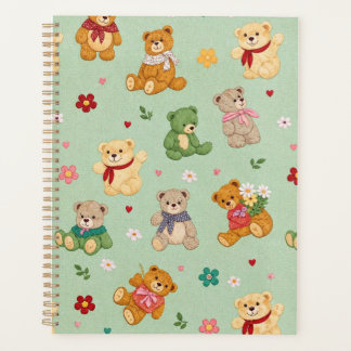 Cute Teddy Bears and Flowers on Mint Green Pattern Planner