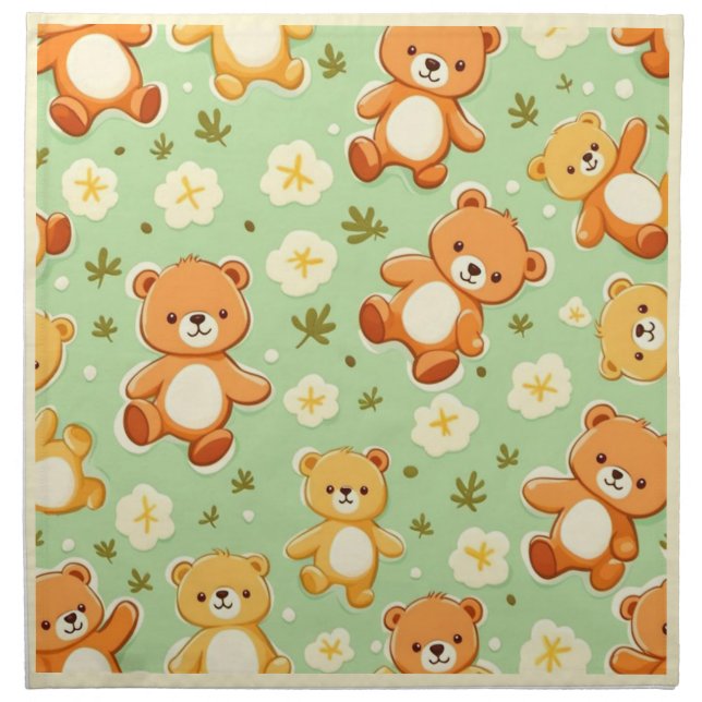 Cute teddy bears and leaves pattern green cloth napkin (Front)