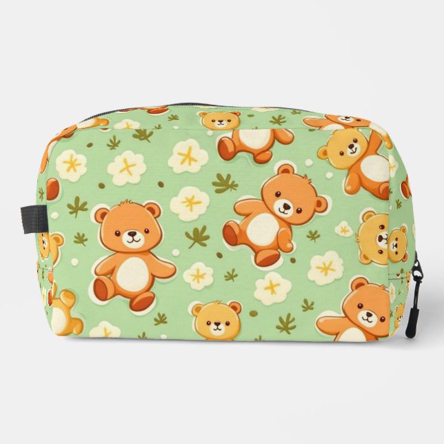 Cute teddy bears and leaves pattern green dopp kit (Front)