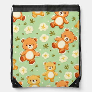 Cute teddy bears and leaves pattern green drawstring bag