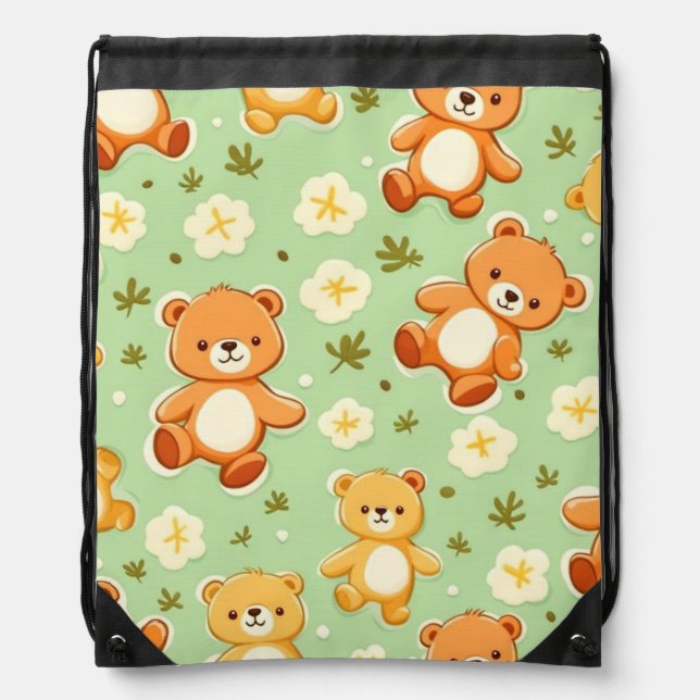 Cute teddy bears and leaves pattern green drawstring bag (Front)