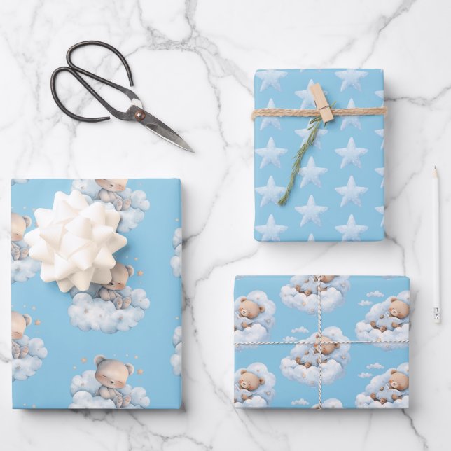 Cute Teddy Bears and Stars Blue Wrapping Paper Sheets (Front)