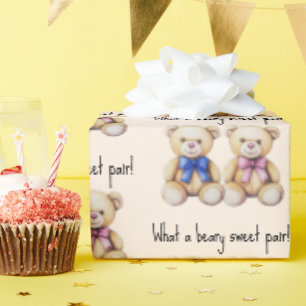 Cute Teddy Bears, Girl & Boy Twins Baby Shower Wrapping Paper