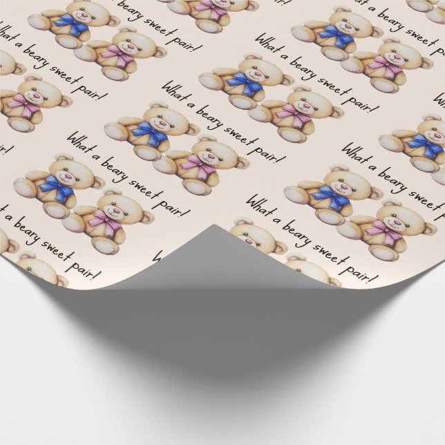 Cute Teddy Bears, Girl & Boy Twins Baby Shower  Wrapping Paper (Corner)