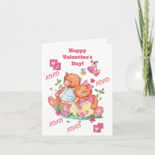 Cute Teddy Bears Hearts Hugs Kisses Card (Front)