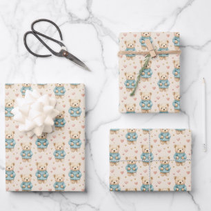 Cute Teddy Bears in Blue Sweaters Wrapping Paper Sheets