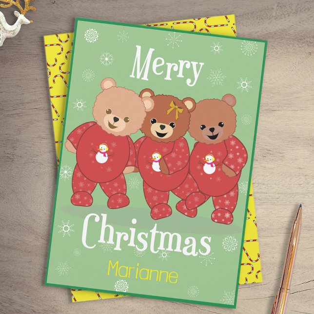 Cute Teddy Bears in Christmas Pajamas Christmas  Holiday Card (3 Teddies in pyjamas Christmas Card)