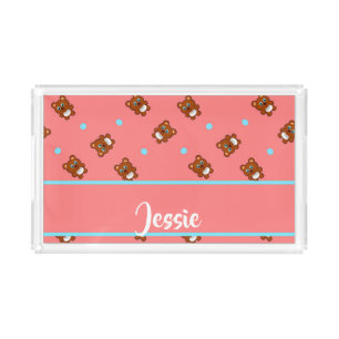 Cute teddy bears on pink acrylic tray