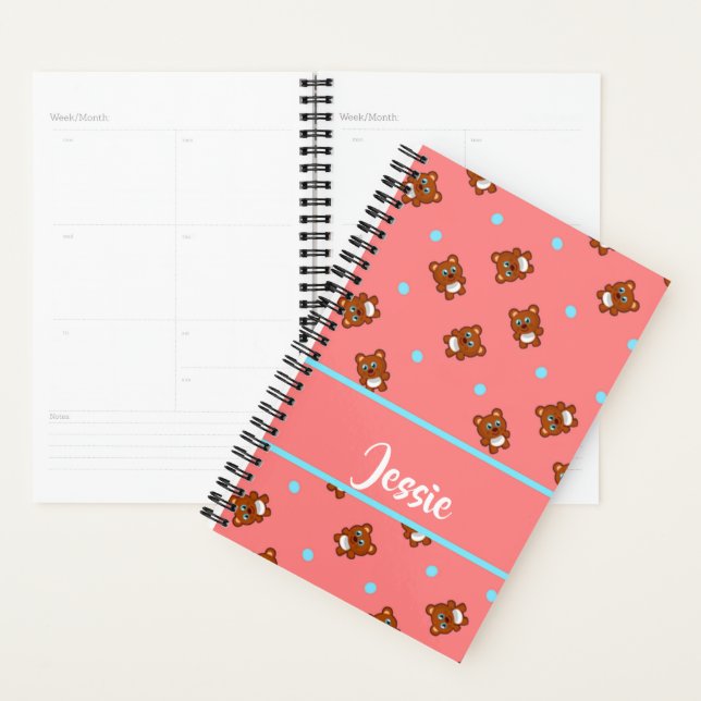 Cute teddy bears on pink planner (Display)