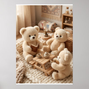 Cute Teddy Bears Playing In Cozy Room Toys Fleece Poster