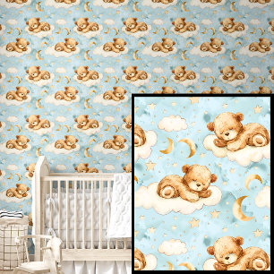 Cute Teddy Bears Sleeping Clouds Moon Stars Blue Wallpaper