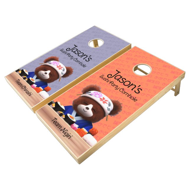 Cute Teddy Bears Sushi Chefs Birthday Cornhole Set (Angled)