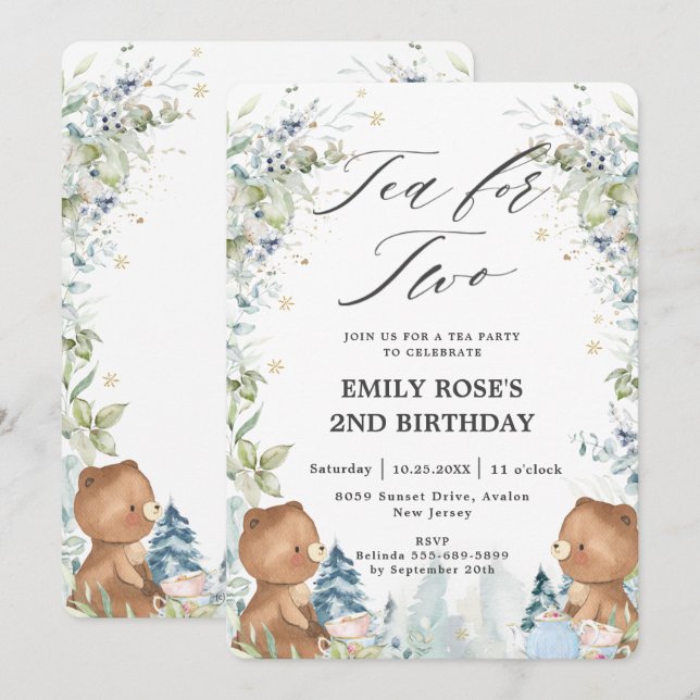 Cute Teddy Bears Tea for Two 2nd Birthday Party Invitation (Front/Back)